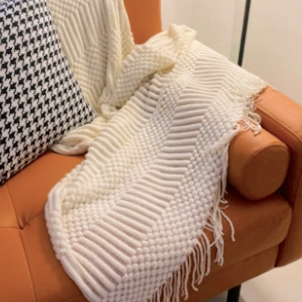 Knitted White, Farmhouse Boho, Throw Blanket